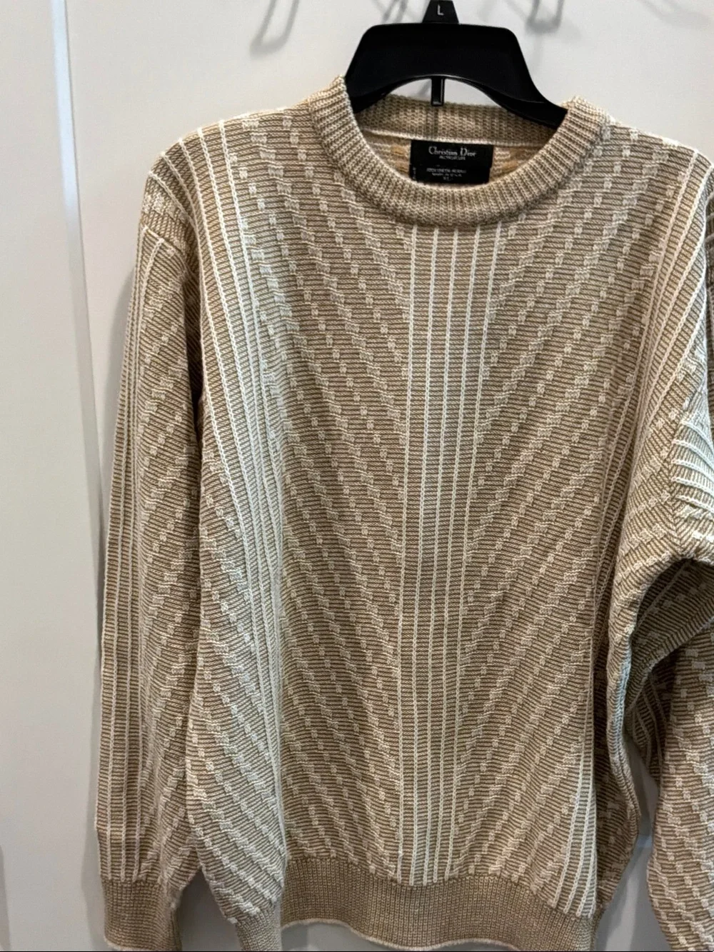 Christian Dior Beige Cream Textured Knit Crewneck Sweater XL Vintage Rare